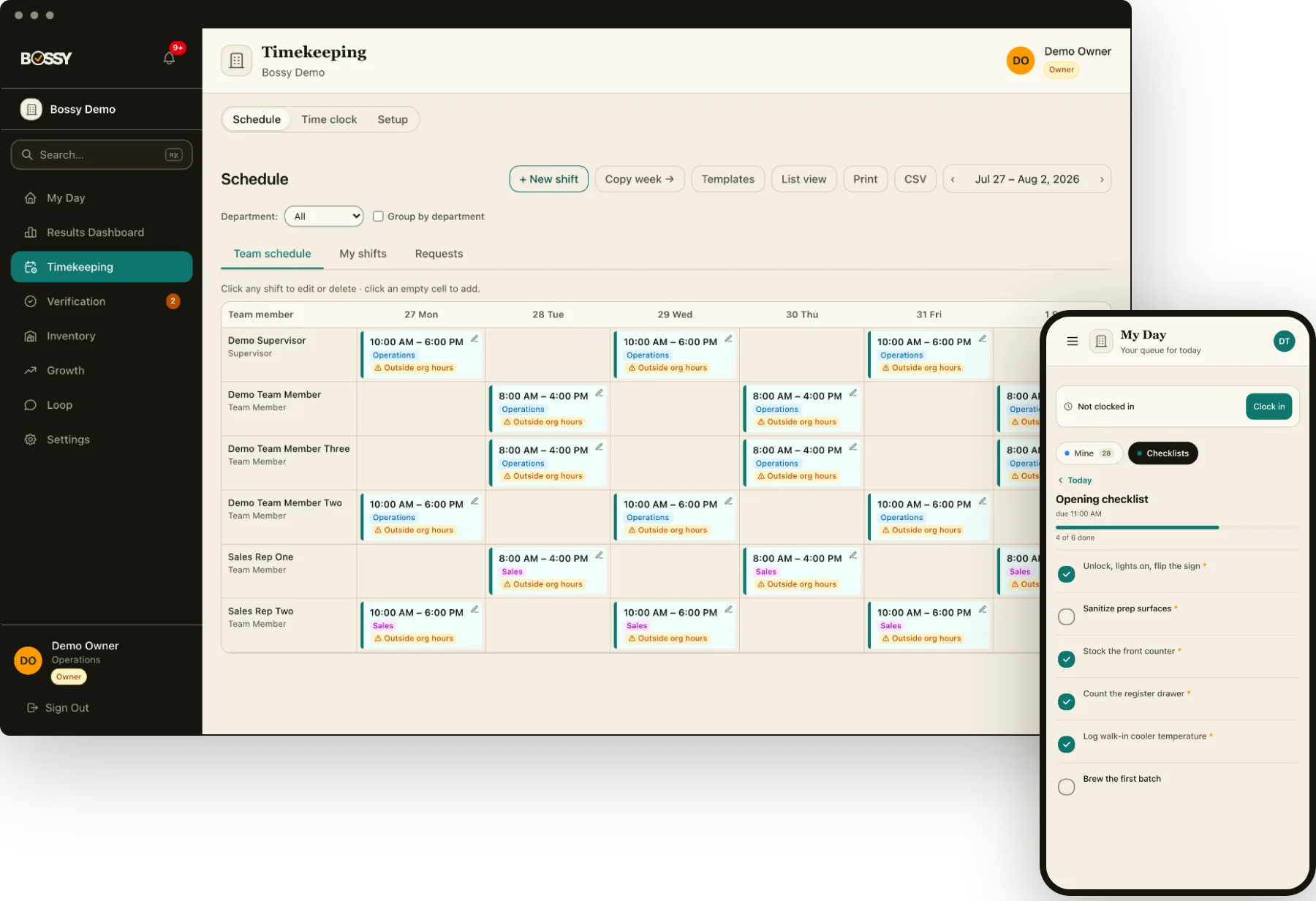 Bossy on desktop and phone: the weekly schedule for a manager and an opening checklist for a team member